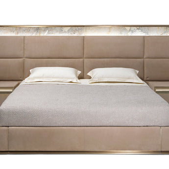 Odysseus KING Bedroom SET Modern Italian Luxury Big Marble Headboard Leather Upholstery with Bedside Tables