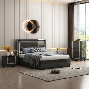 🟩 IN STOCK Bedroom Full SET 4 Piece Onyx Luxury High Gloss Modern Queen LED Bed with Side Tables and Dresser