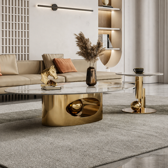 Ophelia Modern Luxury Gold Marble Top Nesting Coffee Table Set