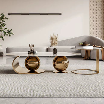 Orbit Modern Luxury Gold Marble Top Round Coffee Table Set