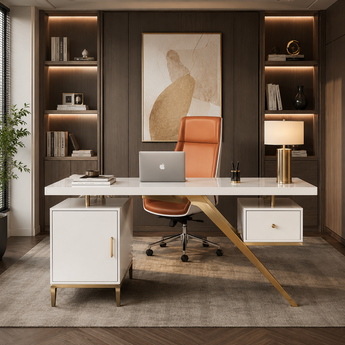 🟢 IN STOCK Wayne Executive SET Modern White Marble 1.8M Working Desk and Office Leather Chair Director Suite