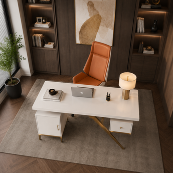 🟢 IN STOCK Wayne Executive SET Modern White Marble 1.8M Working Desk and Office Leather Chair Director Suite