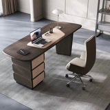 Modern office desk with a laptop, chair, and lamp in a well-lit room.