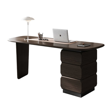 Modern dark wood desk with a laptop, lamp, and other items on a white background