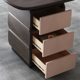 Wooden nightstand with open drawers on a gray carpet