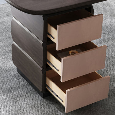 Wooden nightstand with open drawers on a gray carpet