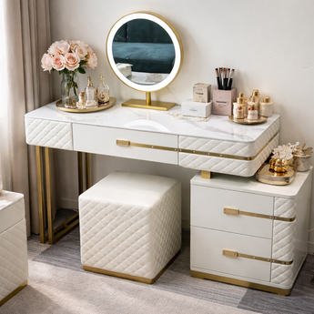 Modern Luxury La Parisienne 4 Piece Marble Top Genuine Leather Dresser Dressing Table Set