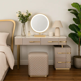 🟢 IN STOCK Modern Luxury La Parisienne 4 Piece Marble Top Leather Upholstery Dresser Dressing Table Set