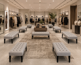 A luxury boutique interior with multiple tufted light gray benches arranged around a central wooden display table on a large distressed area rug. Clothing racks, mannequins, mirrors, and warm ceiling lighting are visible in the spacious, upscale store.