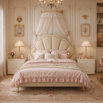 🟢IN STOCK 3 Piece Princess Lolita Kids Bedroom Set QUEEN Size Modern Luxury Creme Leather Upholstery & 2 Side Tables