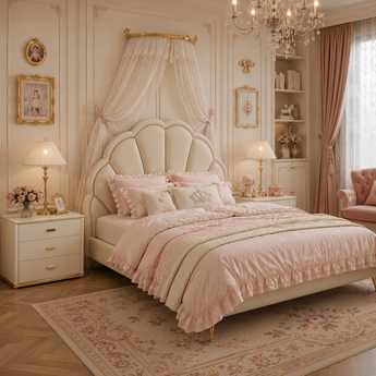 🟢IN STOCK 3 Piece Princess Lolita Kids Bedroom Set QUEEN Size Modern Luxury Creme Leather Upholstery & 2 Side Tables