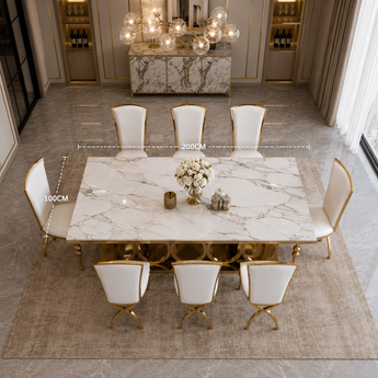 🟢 IN STOCK Lord of Rings 6 Seater DINING SET Modern Italian Luxury 2M Snow Marble Top Dining Table and 6 Leather Upholstery Empress Dining Chair