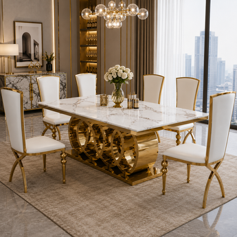 🟢 IN STOCK Lord of Rings 6 Seater DINING SET Modern Italian Luxury 2M Snow Marble Top Dining Table and 6 Leather Upholstery Empress Dining Chair
