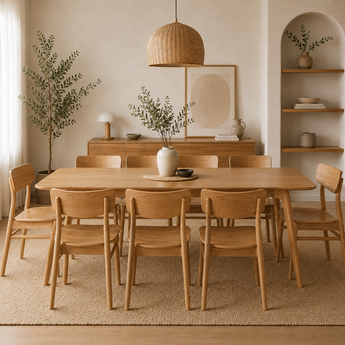8 Seater Dining SET 9 Piece Malaysian Oak Solid Wood Scandinavian Modern Luxury 1.8M Table and 8 Chair Natural