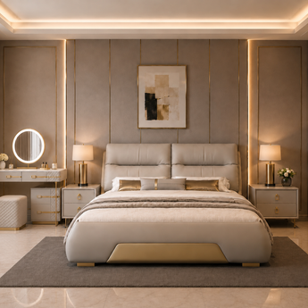 🟢 IN STOCK 4 Piece Bedroom Set Modern Italian Luxury ROMAN QUEEN Microfiber Leather with Paris Dressing Table and 2 Side Tables
