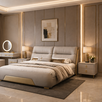 🟢 IN STOCK 4 Piece Bedroom Set Modern Italian Luxury ROMAN QUEEN Microfiber Leather with Paris Dressing Table and 2 Side Tables