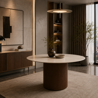 RONA Solid Wood Travertine Sintered Stone Top Round Dining Table