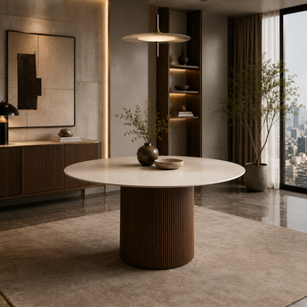 RONA Solid Wood Travertine Sintered Stone Top Round Dining Table