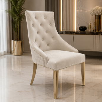 🟢 IN STOCK Modern Italian Luxury Royal Creme Vanilla Velvet Upholstery Tufted Dining Chair