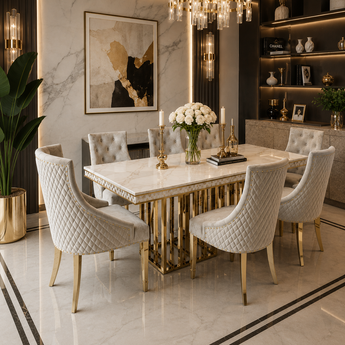 🟢 IN STOCK Modern Italian Luxury Royal 1.8M Heaven Marble Top Table and 6 Velvet Upholstery Chair Dining Suite Set