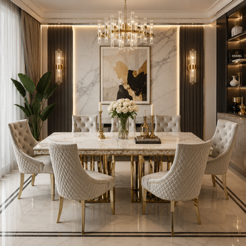 🟢 IN STOCK Modern Italian Luxury Royal 1.8M Heaven Marble Top Table and 6 Velvet Upholstery Chair Dining Suite Set