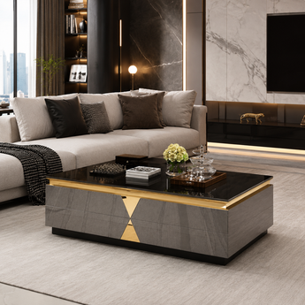 🟢 IN STOCK Sangria Luxury Tempered Glass Top High Gloss Paint Solid Wood Cabinet Coffee Table