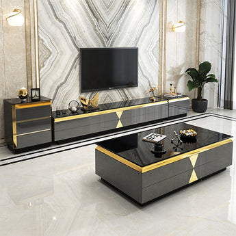 Sangria Luxury Tempered Glass Top High Gloss Paint Solid Wood TV Stand Cabinet Unit