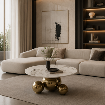 Saturn Modern Luxury Gold Marble Top Round Coffee Table