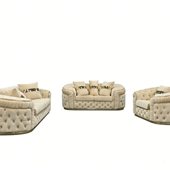 Beige Velvet Sofa Set – Luxe 6 Seater Sofa Set