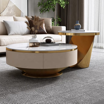 Goldwyn Gold Modern Italian Luxury Pandora Sintered Stone Round Coffee Table Set