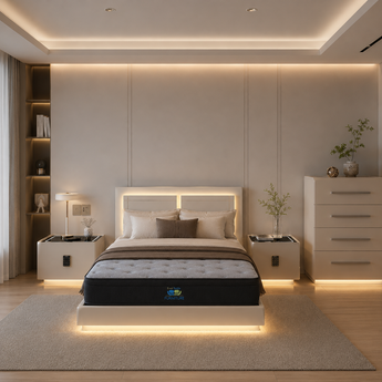 🟢 IN STOCK LED Moonstone Gas Lifting 4 Piece Bedroom Set Modern Luxury White High Gloss with 2 Smart Side Table and Tallboy Drawer Chest