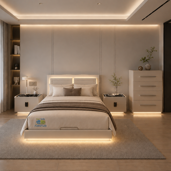🟢 IN STOCK LED Moonstone Gas Lifting 4 Piece Bedroom Set Modern Luxury White High Gloss with 2 Smart Side Table and Tallboy Drawer Chest
