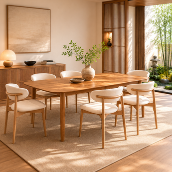 🟢 IN STOCK Japanese Modern Luxury 2M WOYER Extendable Table and 6 ANYA Leather Chair Natural Solid Wood Dining Set