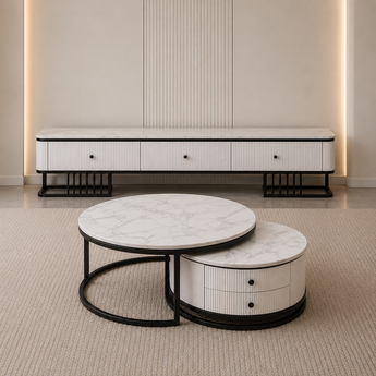 🟢 IN STOCK Opulent Black Titanium Solid Snow Mountain Marble Nesting Coffee Table Set