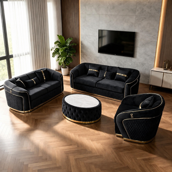Velora Black 6 Seater Velvet Sofa Set with Coffee Table