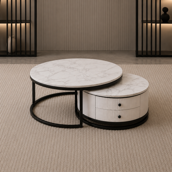 🟢 IN STOCK Opulent Black Titanium Solid Snow Mountain Marble Nesting Coffee Table Set