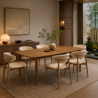 🟢 IN STOCK Japanese Modern Luxury 2M WOYER Extendable Table and 6 ANYA Leather Chair Natural Solid Wood Dining Set