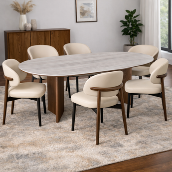 KAIA Solid Wood Sand Glazed Marble Top Dining Table