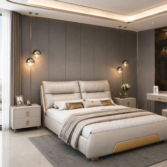 🟢 IN STOCK 4 Piece Bedroom Set Modern Italian Luxury ROMAN QUEEN Microfiber Leather with Paris Dressing Table and 2 Side Tables