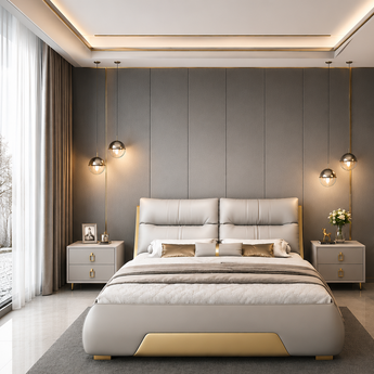 ROMAN 3 Piece Bedroom Set Modern Italian Luxury SUPER KING GAS LIFTING Taupe Leather Upholstery with 2 Side Tables