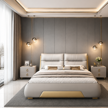 ROMAN 3 Piece Bedroom Set Modern Italian Luxury SUPER KING GAS LIFTING Taupe Leather Upholstery with 2 Side Tables