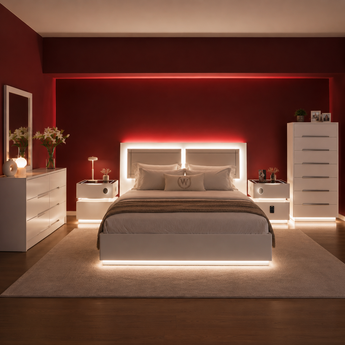 🟢 IN STOCK Modern Luxury High Gloss Moonstone LED 5 Piece Bedroom Set with Storage