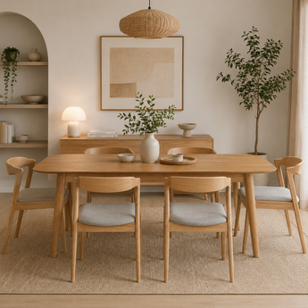 🟢 IN STOCK 6 Seater Dining SET Malaysian Oak Solid Wood 7 Piece Scandinavian Modern Luxury 2M WOYER Extendable Table and Fabric Chairs