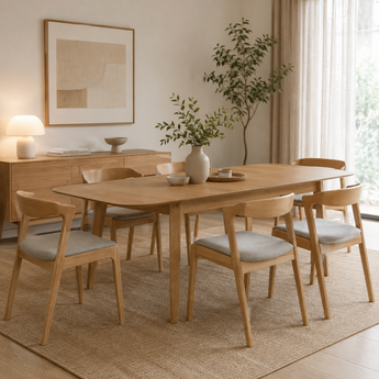 🟢 IN STOCK 6 Seater Dining SET Malaysian Oak Solid Wood 7 Piece Scandinavian Modern Luxury 2M WOYER Extendable Table and Fabric Chairs