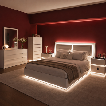 🟢 IN STOCK Modern Luxury High Gloss Moonstone LED 5 Piece Bedroom Set with Storage