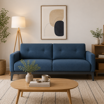 🟢 IN STOCK 2.2M SIGMA Malaysian Oak Solid Wood 3-Seater Linen Upholstery Sofa - Blue Denim