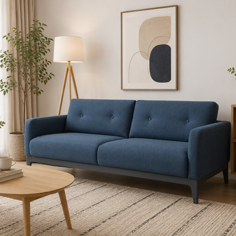 🟢 IN STOCK 2.2M SIGMA Malaysian Oak Solid Wood 3-Seater Linen Upholstery Sofa - Blue Denim