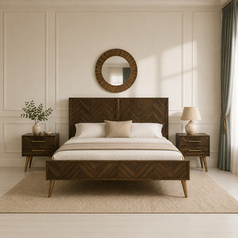 SIVAN Malaysian Dijon Acacia Solid Wood Gold Brushed Legs Queen Bedframe