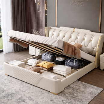 🟢 IN STOCK Signature Luxury 4 Piece Sweet Night French Vanilla Leather Upholstery Gas Lifting Bedroom Suite Set