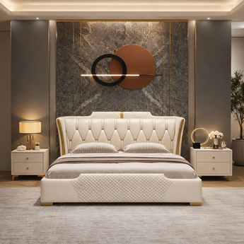 🟢 IN STOCK Sweet Night French Vanilla Leather Upholstered Gas Lift Bedframe | Solid Wood Luxury